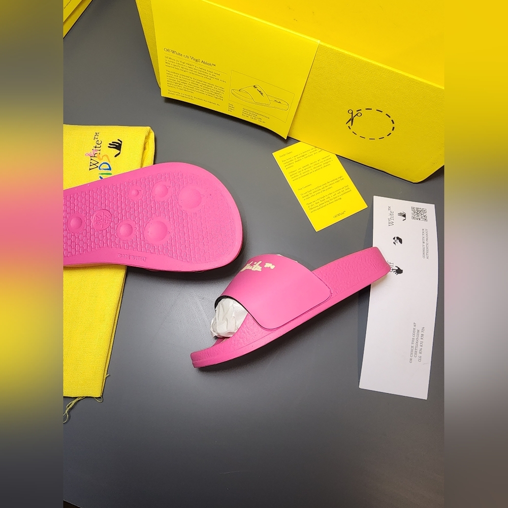 Off-White Kids Pool Slide Fuchsia Yellow Script Logo - Picture 11 of 12